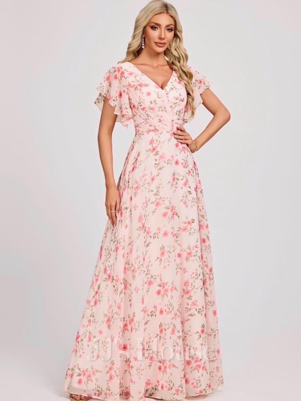 Floral Flutter Sleeve Maxi Dress in Light Pink